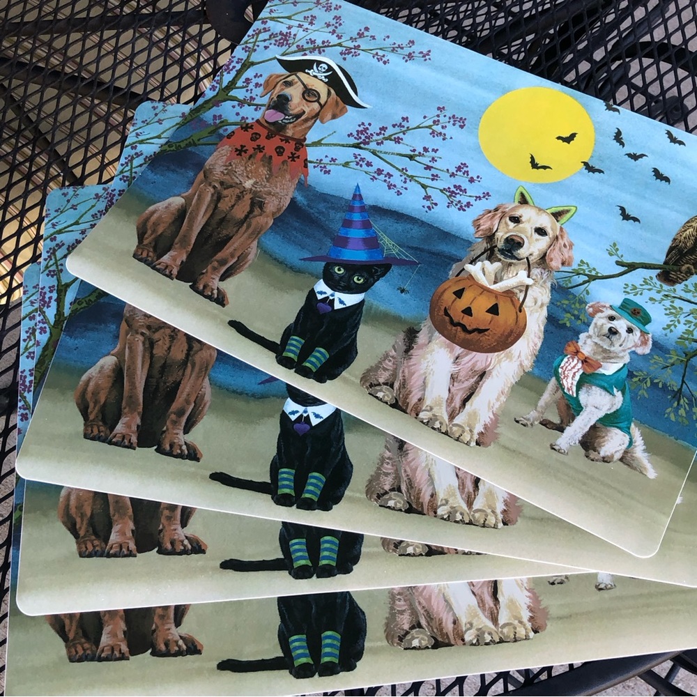 4 Halloween Placemats Costumed Dogs Cats Owl Moon Large 18x13 Wipeable Heavy PVC